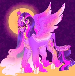 Size: 540x550 | Tagged: safe, artist:rare-apples, twilight sparkle, alicorn, pony, g4, 2d, collar, digital art, female, glasses, long hair, looking at you, mare, ponytail, smiling, solo, spread wings, twilight sparkle (alicorn), wings