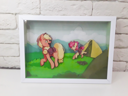 Size: 1280x960 | Tagged: safe, artist:__sana_art___, artist:made_by_franch, apple bloom, applejack, earth pony, pony, g4, campingє, craft, diorama, duo, forest, handmade, mountain, nature