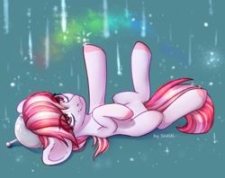 Size: 2000x1586 | Tagged: safe, artist:shelti, sugar moonlight, earth pony, pony, g5, colored hooves, colored pupils, happy, lying down, on back, smiling, solo