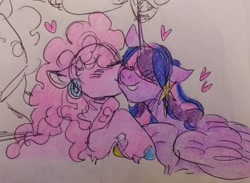 Size: 540x396 | Tagged: safe, artist:rare-apples, pinkie pie, twilight sparkle, alicorn, earth pony, pony, g4, 2d, colored, digital art, duo, ear piercing, earring, female, happy, horn, hug, jewelry, kissing, lesbian, looking at each other, looking at someone, love, mare, piercing, ship:twinkie, shipping, smiling, smiling at each other, standing, twilight sparkle (alicorn), wings