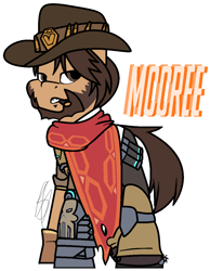 Size: 944x1216 | Tagged: safe, artist:eivilpotter, oc, oc only, earth pony, pony, ammunition, beard, clothes, crossover, facial hair, gauntlet, hat, jesse mccree, male, overwatch, poncho, simple background, solo, stallion, text