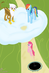 Size: 3012x4520 | Tagged: safe, artist:finirim, gilda, pinkie pie, rainbow dash, earth pony, griffon, pegasus, pony, g4, griffon the brush off, cloud, jumping, on a cloud, standing on a cloud, trampoline, trio