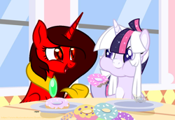 Size: 1078x741 | Tagged: safe, artist:firedragonmoon15, oc, oc:phoenix scarletruby, alicorn, pony, brown mane, donut, eating, food, herbivore, hoof shoes, jewelry, looking at each other, looking at someone, necklace, plate, purple eyes, red coat, red eyes, red wings, show accurate, table, talking, window, wings