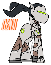 Size: 880x1136 | Tagged: safe, artist:eivilpotter, oc, oc only, earth pony, pony, armor, big pony, crossover, genji (overwatch), overwatch, simple background, solo, text