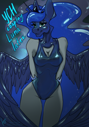 Size: 1640x2360 | Tagged: safe, artist:stirren, princess luna, anthro, g4, bodysuit, clothes, cosplay, costume, latex, latex suit, lunasuit, one-piece swimsuit, pinup, ponysuit, pose, shiny, swimsuit, wings