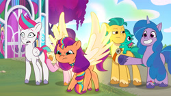 Size: 3072x1727 | Tagged: safe, screencap, hitch trailblazer, izzy moonbow, pipp petals, sparky sparkeroni, sunny starscout, zipp storm, alicorn, dragon, earth pony, pegasus, pony, unicorn, g5, mission imponable, my little pony: tell your tale, spoiler:g5, spoiler:my little pony: tell your tale, spoiler:tyts01e49, annoyed, artificial horn, artificial wings, augmented, baby, baby dragon, bracelet, cellphone, crystal brighthouse, female, fluttershy's cutie mark, friendship bracelet, frown, grin, hitch trailblazer is not amused, hoof heart, horn, irritated, jewelry, looking at someone, magic, magic horn, magic wings, male, mane five, mane stripe sunny, mare, one of these things is not like the others, open mouth, phone, pointing, race swap, royal sisters (g5), shocked, shocked expression, siblings, sisters, smartphone, smiling, spread wings, stallion, sunny starscout is not amused, sunnycorn, twilight sparkle's cutie mark, unamused, underhoof, wings