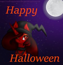 Size: 439x456 | Tagged: safe, artist:firedragonmoon15, oc, oc:phoenix scarletruby, alicorn, pony, brown mane, choker, clothes, costume, full moon, halloween, halloween costume, happy halloween, hat, head only, holiday, lowres, moon, night, night sky, one eye closed, red coat, red eyes, sky, smiling, witch hat