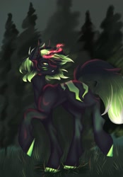 Size: 1423x2048 | Tagged: safe, alternate version, artist:novadraws19205, oc, oc only, pony, unicorn, forest, glowing, glowing horn, horn, looking back, solo