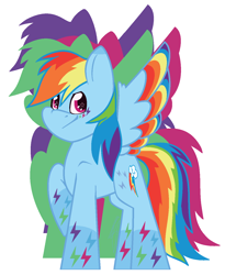 Size: 1096x1336 | Tagged: safe, artist:eivilpotter, rainbow dash, pegasus, pony, g4, colored, colored wings, female, flat colors, mare, multicolored wings, rainbow power, simple background, solo, spread wings, starry eyes, wingding eyes, wings