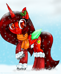 Size: 1052x1284 | Tagged: safe, artist:firedragonmoon15, oc, oc:phoenix scarletruby, alicorn, pony, brown mane, brown tail, clothes, colored wings, jewelry, mint wings, necklace, raised hoof, red coat, red eyes, red wings, scarf, smiling, snow, snowfall, tail, two toned wings, wings