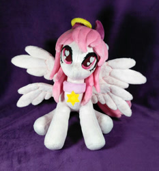 Size: 725x779 | Tagged: safe, artist:doctorkoda, oc, oc only, angel, pegasus, pony, collar, commission, cross, ear piercing, earring, irl, jewelry, mare halo, multiple wings, photo, piercing, plushie, smiling, solo, spread wings, standing, wings