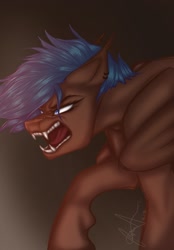 Size: 1423x2048 | Tagged: safe, alternate version, artist:novadraws19205, oc, oc only, pegasus, pony, angry, ear piercing, earring, ears back, fangs, jewelry, open mouth, piercing, solo