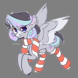 Size: 2000x2000 | Tagged: safe, artist:shelti, oc, oc only, pegasus, pony, clothes, colored pupils, colored wings, colored wingtips, commission, female, flying, gray background, high res, mare, scarf, simple background, sketch, socks, solo, spread wings, striped socks, wings