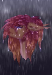 Size: 1423x2048 | Tagged: safe, artist:novadraws19205, oc, oc only, oc:nova rossi, pony, bust, crying, ear fluff, eyes closed, rain, solo, wet, wet mane