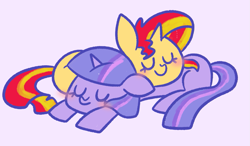 Size: 1177x689 | Tagged: safe, artist:typhwosion, sunset shimmer, twilight sparkle, pony, unicorn, g4, duo, duo female, female, snuggling, sunlight