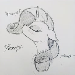 Size: 3060x3084 | Tagged: safe, artist:reekosukanku, rarity, oc, oc:graphite sketch, pony, unicorn, g4, bust, chin up, eyes closed, grayscale, head, high res, horn, monochrome, portrait, pouting, rough sketch, simple background, sketch, solo, traditional art