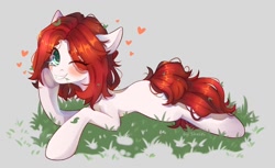 Size: 1024x627 | Tagged: safe, artist:shelti, oc, oc only, earth pony, pony, blushing, colored pupils, female, grass, happy, heart, lying down, mare, one eye closed, outdoors, prone, solo, wink