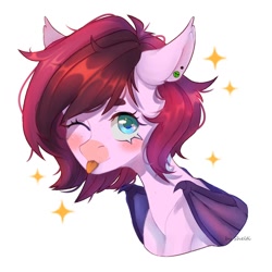 Size: 1024x1024 | Tagged: safe, artist:shelti, oc, oc only, oc:bree berry, bat pony, pony, :p, bat wings, bust, colored pupils, commission, ear fluff, ear piercing, earring, female, jewelry, mare, one eye closed, piercing, simple background, solo, tongue out, white background, wings, wink