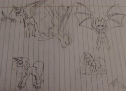 Size: 2668x1920 | Tagged: safe, artist:those kids in the corner, princess luna, alicorn, bat pony, earth pony, pony, unicorn, g4, basket, female, mare, old art, sketch, sketch dump, sword, traditional art, weapon