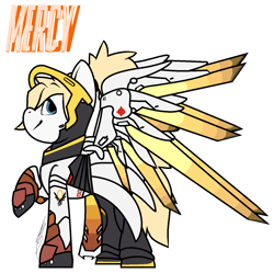 Size: 1392x1384 | Tagged: safe, artist:eivilpotter, pony, armor, artificial wings, augmented, colored, crossover, female, flat colors, mare, mechanical wing, mercy, overwatch, ponified, simple background, solo, spread wings, text, wings