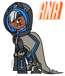 Size: 984x1152 | Tagged: safe, artist:eivilpotter, oc, oc only, earth pony, pony, ana (overwatch), cape, clothes, colored, crossover, eyepatch, female, flat colors, hood, mare, overwatch, simple background, solo