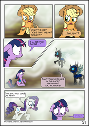 Size: 1600x2255 | Tagged: safe, artist:thunderelemental, applejack, rarity, twilight sparkle, changeling, earth pony, pony, unicorn, comic:swarm rising, g4, armor, comic, crying, sad, shocked