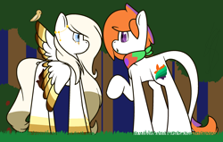 Size: 2496x1584 | Tagged: safe, artist:eivilpotter, oc, oc only, oc:angelica, oc:oni, earth pony, pegasus, pony, colored, duo, flat colors, forest background, looking at each other, looking at someone, simple background, spread wings, wings