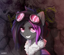Size: 1280x1099 | Tagged: safe, artist:shelti, oc, oc only, oc:mimicry, changeling, pony, bomber jacket, bust, clothes, colored pupils, commission, fangs, female, goggles, grin, jacket, mare, purple changeling, smiling, solo