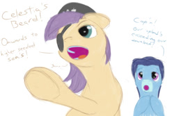 Size: 540x360 | Tagged: safe, artist:stillwaterspony, oc, oc only, pony, :o, blindfold, dialogue, duo, hat, hooves together, open mouth, pirate hat, pointing, talking