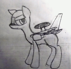 Size: 1394x1352 | Tagged: artist needed, safe, oc, oc only, unnamed oc, original species, plane pony, awacs, e-767, frown, looking at you, pencil drawing, plane, serious, serious face, solo, standing, traditional art