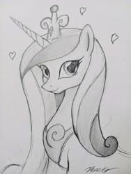 Size: 3060x4080 | Tagged: safe, artist:reekosukanku, princess cadance, alicorn, pony, g4, bust, crown, cute, female, grayscale, horn, jewelry, long hair, looking at you, love, mantle, mare, monochrome, pencil drawing, photo, portrait, regalia, simple background, sketch, solo, traditional art