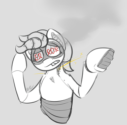Size: 1081x1067 | Tagged: safe, artist:voraciouscutie, oc, oc:demo, gynoid, robot, error, female, malfunction, palindrome get, partial color, smoke, solo