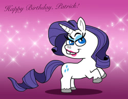 Size: 1016x787 | Tagged: safe, artist:cookie-lovey, rarity, pony, unicorn, g4, 2014, bucktooth, female, happy birthday, lipstick, looking at you, mare, purple background, rearing, simple background, smiling, smiling at you, solo, sparkles, style emulation, text, the fairly oddparents