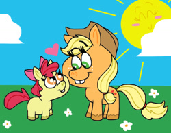 Size: 1016x787 | Tagged: safe, artist:cookie-lovey, apple bloom, applejack, earth pony, pony, g4, 2014, apple sisters, blank flank, bucktooth, cloud, cute, duo, duo female, female, filly, floating heart, flower, foal, grass, grass field, heart, looking at each other, looking at someone, mare, siblings, sisters, sky, style emulation, sun, the fairly oddparents