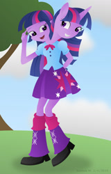 Size: 1024x1604 | Tagged: safe, artist:lavenderrain24, twilight sparkle, human, pony, unicorn, equestria girls, g4, conjoined, conjoined twins, request, two heads are better than one, unicorn twilight