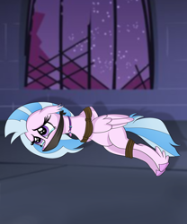 Size: 3000x3600 | Tagged: safe, artist:obsidianpie26, silverstream, hippogriff, g4, belly, bondage, bound, bound and gagged, cloth gag, crying, damsel in distress, gag, high res, hooves behind back, kidnapped, lying down, on side, round belly, solo, tied up