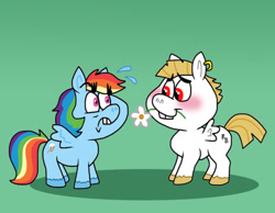 Size: 1016x787 | Tagged: safe, artist:cookie-lovey, bulk biceps, rainbow dash, pegasus, pony, g4, 2014, blushing, bucktooth, bulkdash, duo, duo male and female, female, flower, flower in mouth, frown, green background, looking at each other, looking at someone, male, mare, mouth hold, nervous sweat, shipping, simple background, smiling, spread wings, stallion, straight, style emulation, the fairly oddparents, wings