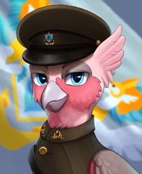 Size: 1338x1650 | Tagged: safe, artist:kleowolfy, oc, oc only, griffon, equestria at war mod, bust, clothes, commission, flag, general, griffon oc, portrait, solo, uniform