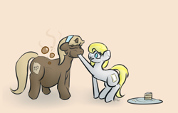 Size: 1500x955 | Tagged: safe, artist:voraciouscutie, oc, oc only, oc:breakfast blend, oc:poptart, earth pony, pony, unicorn, belly, coffee, duo, female, imminent coffee, mare, stuffing