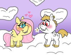 Size: 1016x787 | Tagged: safe, artist:cookie-lovey, bulk biceps, fluttershy, pegasus, pony, g4, 2014, bedroom eyes, blushing, bucktooth, cloud, female, floating heart, flower, flower in mouth, heart, heart shaped, looking at each other, looking at someone, male, mare, mouth hold, on a cloud, ship:flutterbulk, shipping, sky, smiling, smiling at each other, spread wings, stallion, standing on a cloud, straight, style emulation, the fairly oddparents, wings