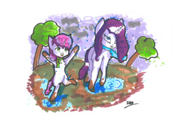 Size: 1024x724 | Tagged: safe, artist:adishu, rarity, sweetie belle, pony, unicorn, g4, duo, excited, female, filly, foal, mare, mud, muddy hooves, puddle