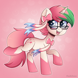 Size: 2500x2500 | Tagged: safe, artist:madelinne, oc, oc only, pony, unicorn, bow, commission, cute, glasses, happy, high res, pink hair, solo