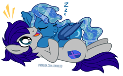 Size: 1000x617 | Tagged: safe, artist:jennieoo, oc, oc:maverick, oc:ocean soul, bat pony, earth pony, pony, cute, excited, fangs, female, happy, hug, husband and wife, lying down, lying on top of someone, male, married couple, on back, show accurate, simple background, sleeping, smiling, soulverick, stallion, transparent background