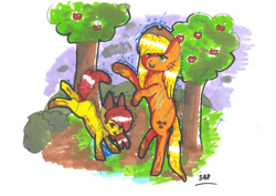 Size: 1024x724 | Tagged: safe, artist:adishu, apple bloom, applejack, earth pony, pony, g4, apple, apple tree, duo, excited, female, filly, foal, mare, muddy hooves, puddle, rain, tree