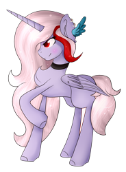 Size: 1841x2496 | Tagged: safe, artist:angellightyt, oc, oc only, alicorn, pony, alicorn oc, chest fluff, choker, horn, raised hoof, simple background, smiling, solo, transparent background, wings