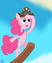 Size: 904x1105 | Tagged: safe, artist:sylphanscribe, pinkie pie, earth pony, pony, g4, bipedal, female, hat, open mouth, open smile, outdoors, pirate, smiling, solo