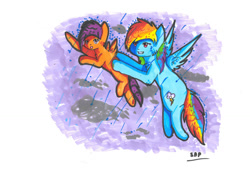 Size: 1024x724 | Tagged: safe, artist:adishu, rainbow dash, scootaloo, pegasus, pony, g4, cloud, duo, duo female, excited, female, filly, flying, foal, mare, rain, scootalove, wet