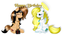 Size: 1523x840 | Tagged: safe, artist:angellightyt, oc, oc only, oc:angel light, pegasus, pony, base used, colored wings, duo, female, happy birthday, jewelry, mare, necklace, simple background, smiling, transparent background, two toned wings, wings