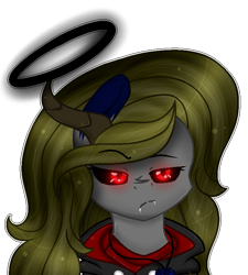 Size: 707x787 | Tagged: safe, artist:angellightyt, oc, oc only, oc:angel light, pony, base used, bust, clothes, female, halo, horn, jacket, mare, nightmarified, red eyes, simple background, solo, transparent background, unamused