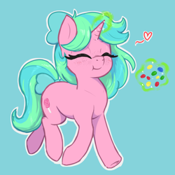 Size: 3000x3000 | Tagged: safe, artist:t72b, oc, oc:lily pop, pony, unicorn, bow, candy, eating, eyes closed, female, food, hair bow, high res, levitation, magic, mare, simple background, solo, tail, tail bow, telekinesis, trotting